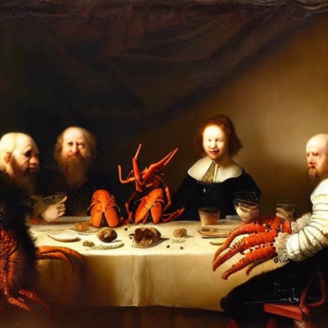 Aliens Sitting Down for Dinner by Rembrandt with a Lobster on the Table.jpeg