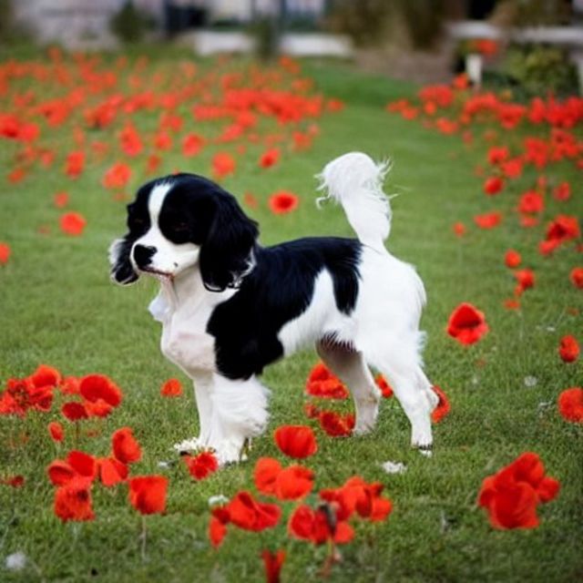 black and white cavalier king charles spanniel breed with poppies.jpeg